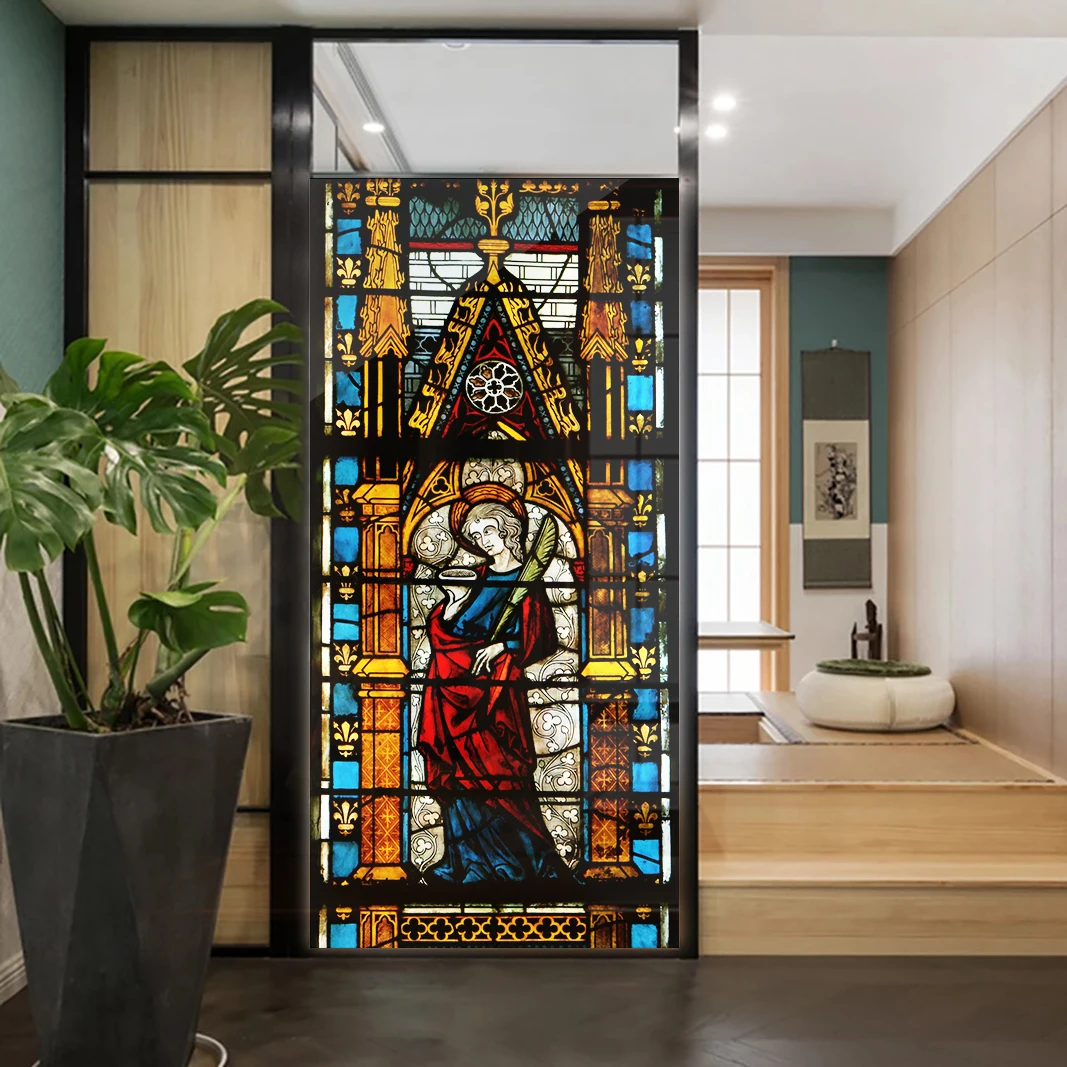 Church Stained Glass Decals Window Film Privacy Heat Insulation and Anti UV Blocking Static Cling Window Sticker for Home J21