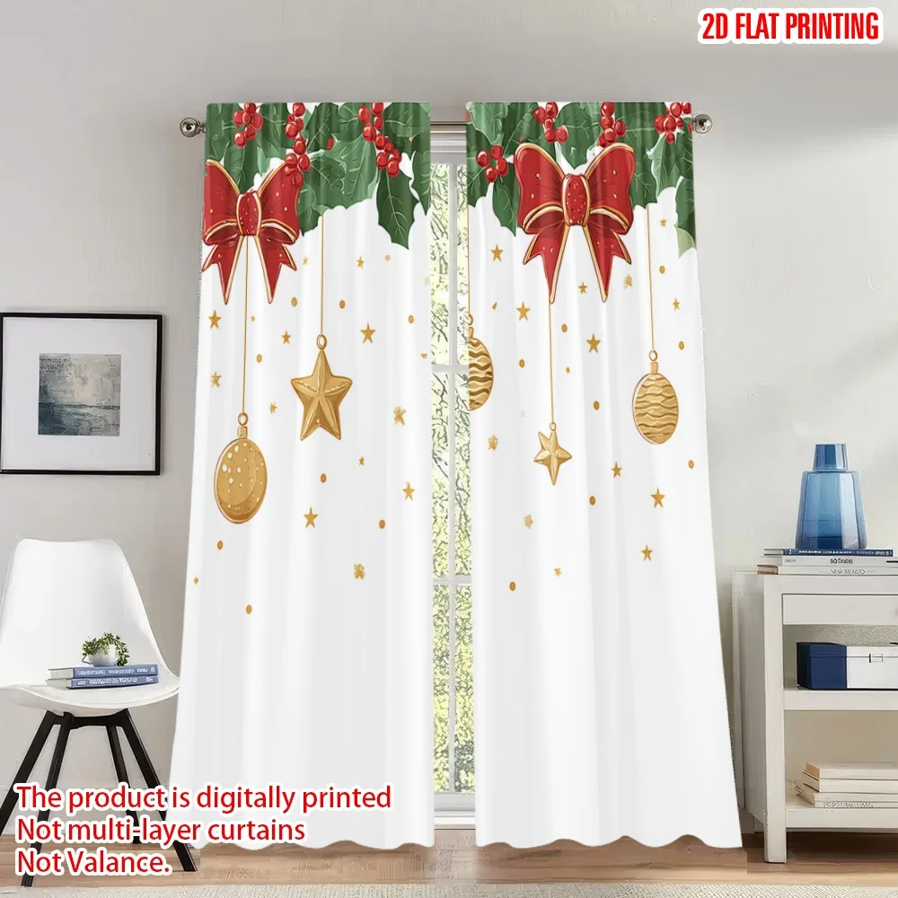 2pcs 2D flat printing Merry Christmas Curtains Christmas Holly Bow Stars Digital Printed Polyester Drapes Family Party Perfect