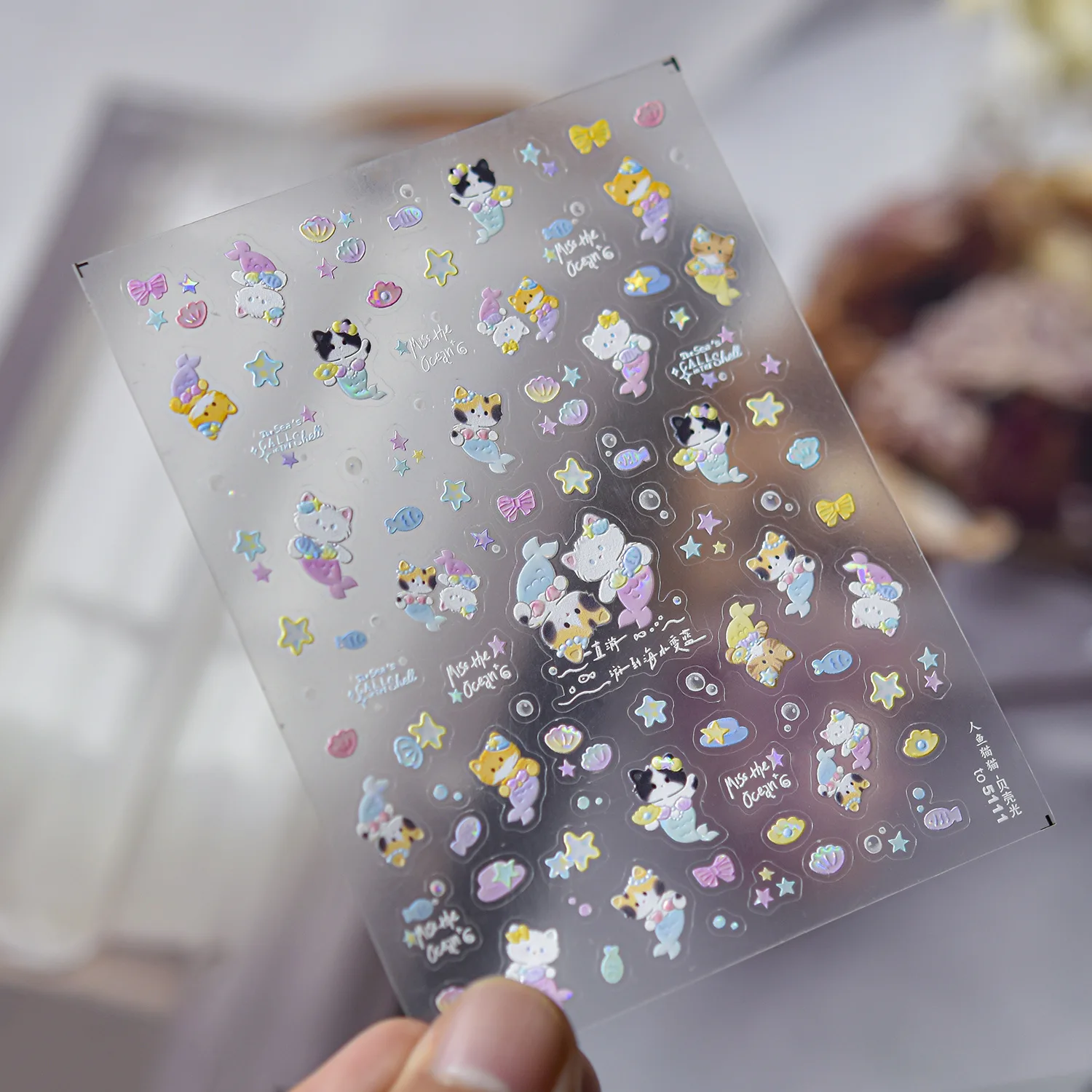 Mignon sirène chat Nail Art autocollants 5D coquille lumière été coquille de mer étoile 3D ongles autocollants bricolage adhésif ongles décorations autocollants