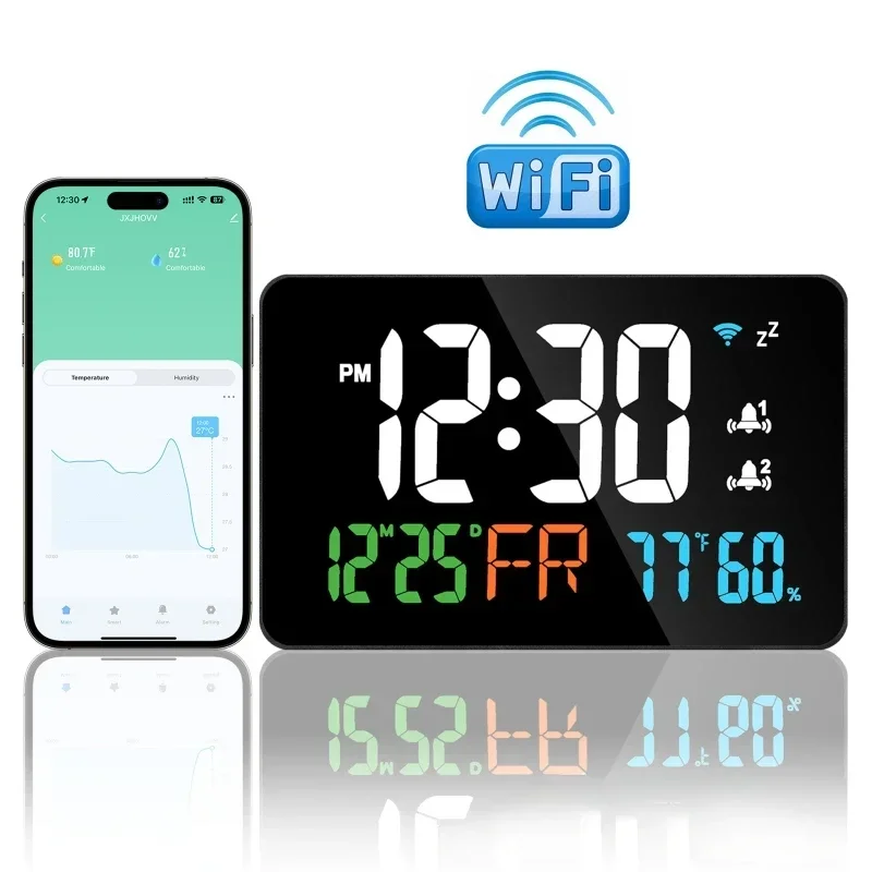 WIFI LED Clock Smart Electronic Digital Temperature And Humidity Atomic Mirror Alarm Clock With Display Desktop Ornament