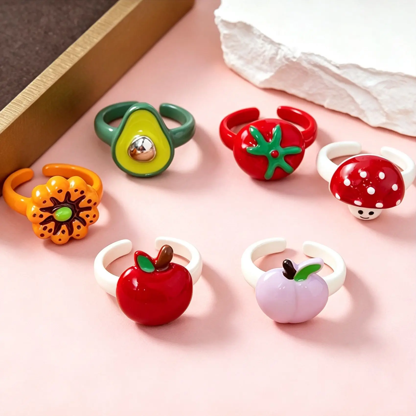 New Sweet Cute Pumpkin Avocado Apple Drip Oil Unique Ring Mushroom Dripping Oil Painting Ring Korean Style Fruit Enamel Gift