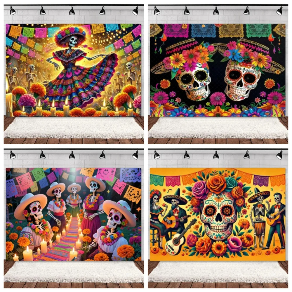 

Mexican Day of the Dead Colorful Backdrop Party Decorations Wall Decor Mexican Festival Skeleton Background Photo Booth Props