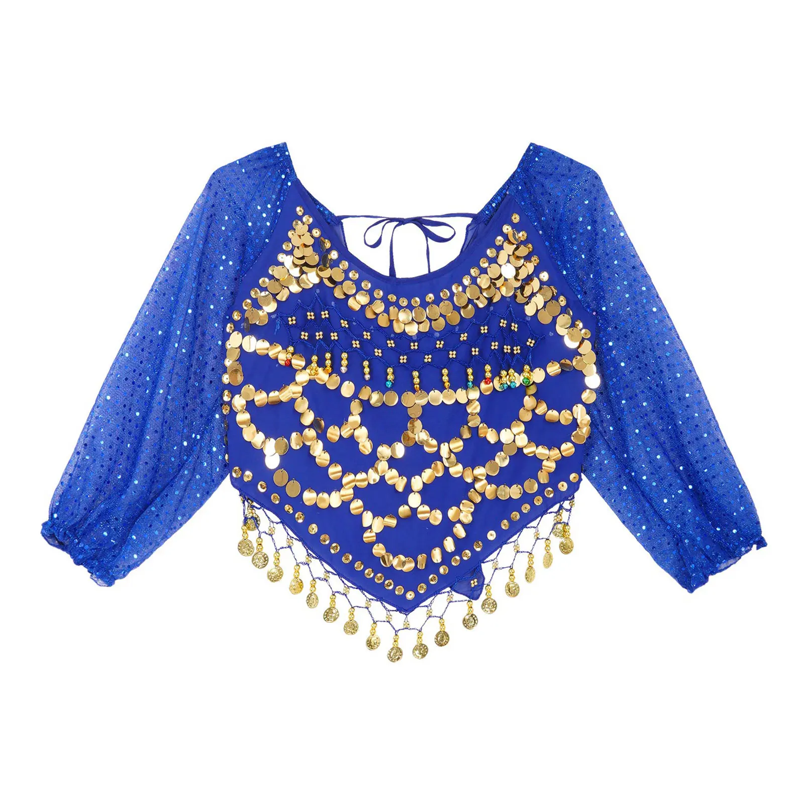 Womens Shiny Sequined Long Sleeve Belly Dance Chiffon Tops Self-tie Back Irregular Hem Crop Top Carnival Performance Costume