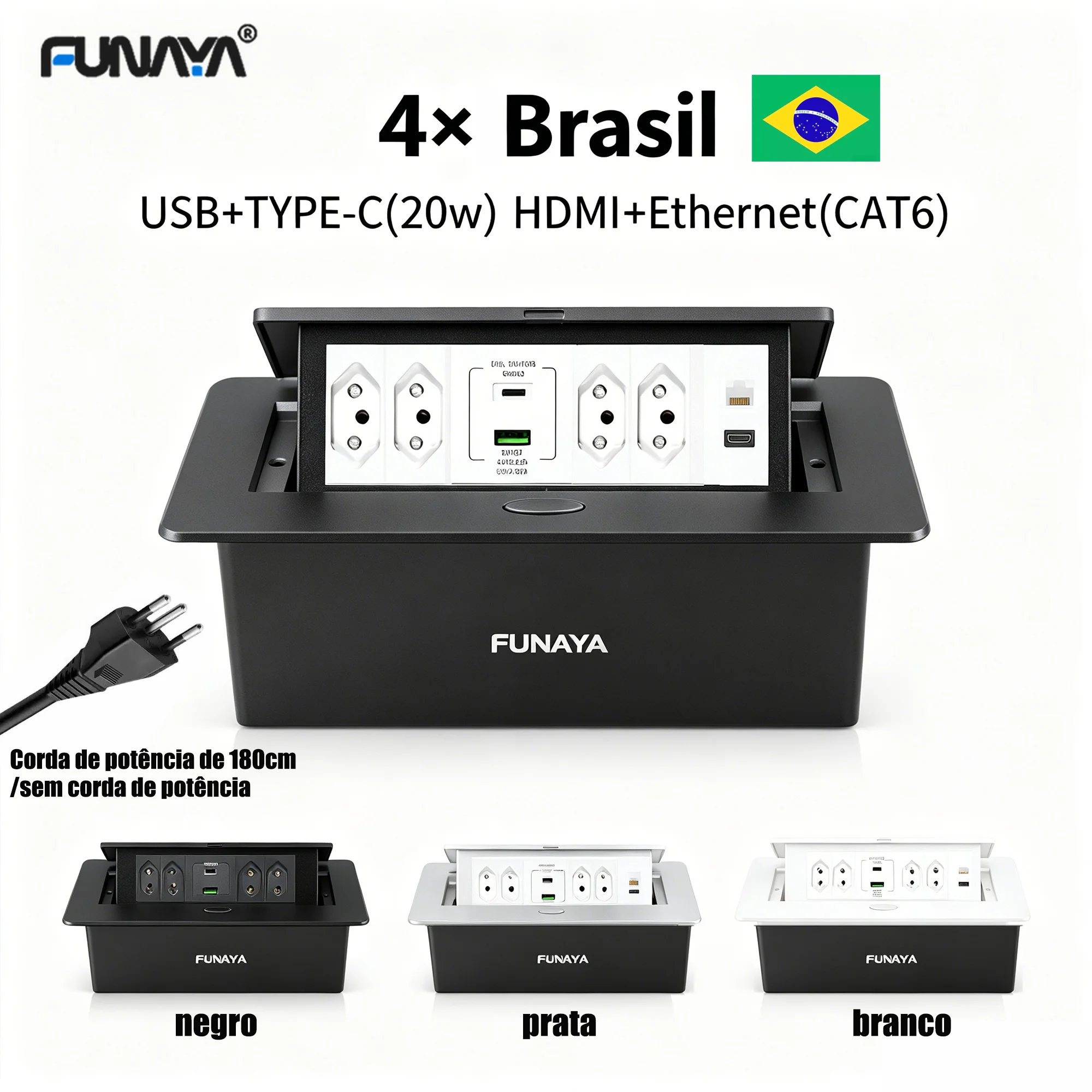 FUNAYA Brazil Pop Up Desktop BR Socket Built-in Table Outlet with USB-A C Countertop Ethernet RJ45 HDMI Recessed Hidden Socket