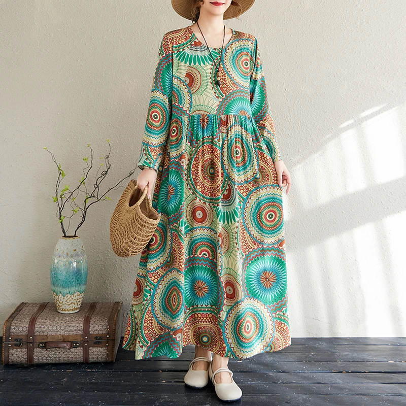 

2024 Весеннее новое праздничное платье с длинными рукавами и принтом для женщин, розовое свободное длинное платье с круглым вырезом из хлопка и конопли в деревенском стиле A415