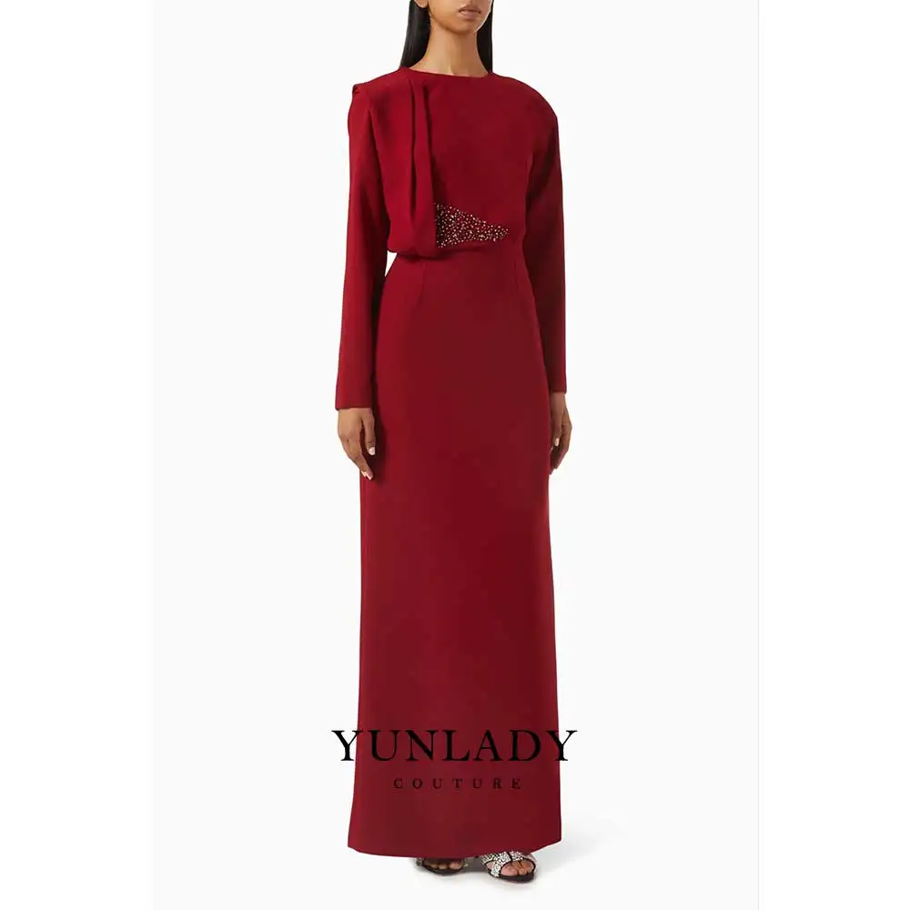 YUNLAN Saudi Arabian Evening Dress for Woman Customized O Neck Long-Sleeved Pearls Back Slit Formal Prom Gown Party Dresses