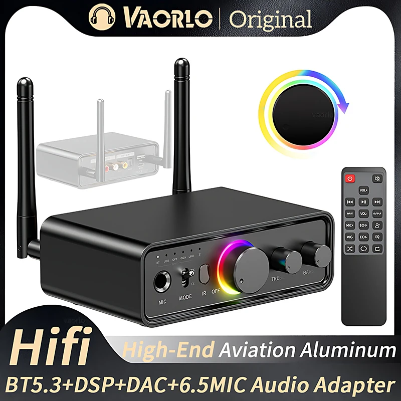 RGB Bluetooth 5.3 Audio Transmitter Receiver DAC/AUX/RCA/USB/Coaxial/Optical/6.5MM Microphone Karaoke Hifi DSP Wireless Adapter