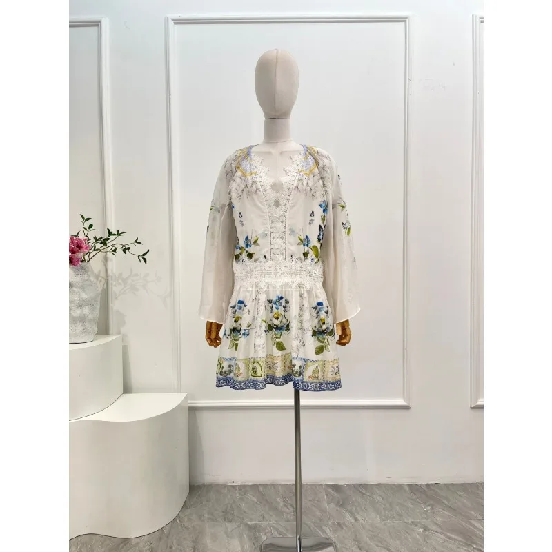 2025 Novo lindo lindo mini vestido branco com estampa floral de borboleta e manga comprida