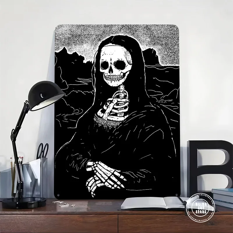 Mona Lisa Skeleton Black and White 3D Texture Printed Poster Custom Vintage Metal Tin Plate Sign for Wall Art Funny Signs Decor