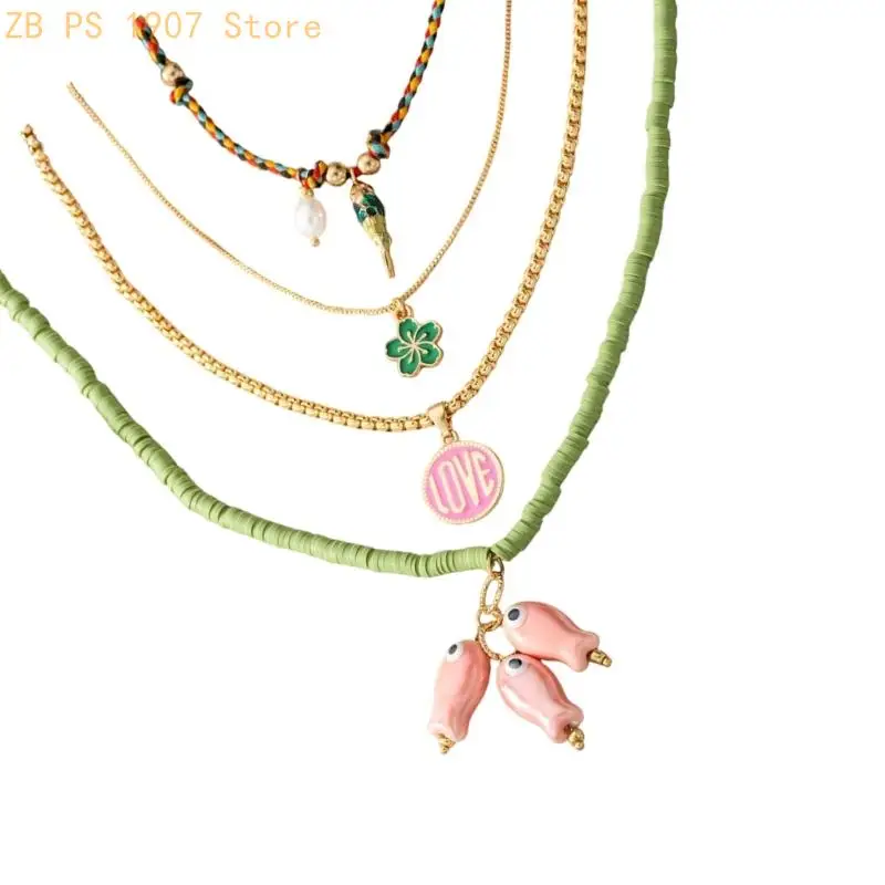 4 Pieces Women Fashion Jewelry Ceramic Pendants Layering Necklace Set Bohemian 55KA