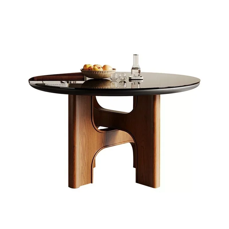 

French retro walnut solid wood designer round dining table