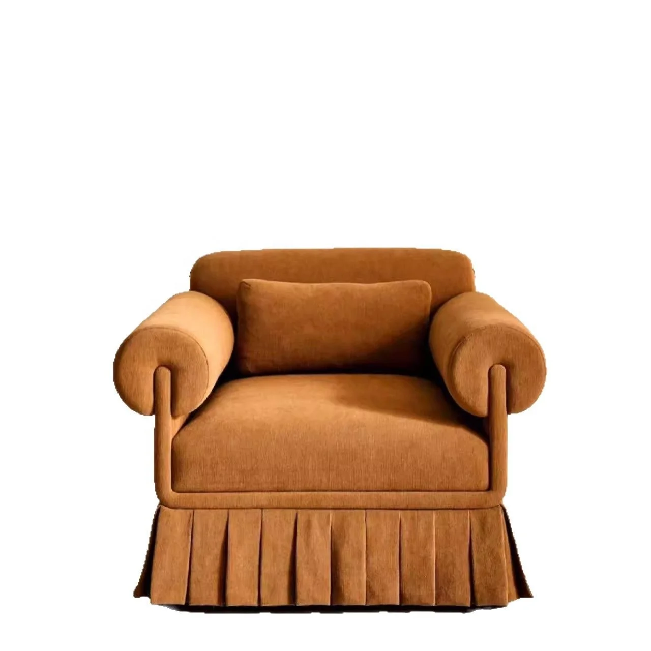#Caramel Corduroy Accent Chair Scroll Arm Pleated Skirt Plush Cushion Retro Mid-Century Modern Cozy Living Room Furniture