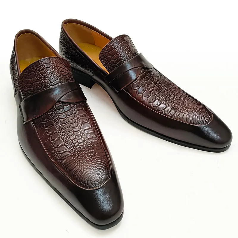 Zapatos de cuero genuino para hombres, vestido británico de fiesta de negocios, sin cordones, Punta Negra, traje Formal informal de moda, zapatos