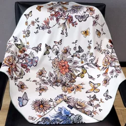 High-end Elegant Women Exquisite Butterfly Flower Double Sided Print Quality 18MM Twill Silk Hand-rolled Edge Large Scarf Shawl