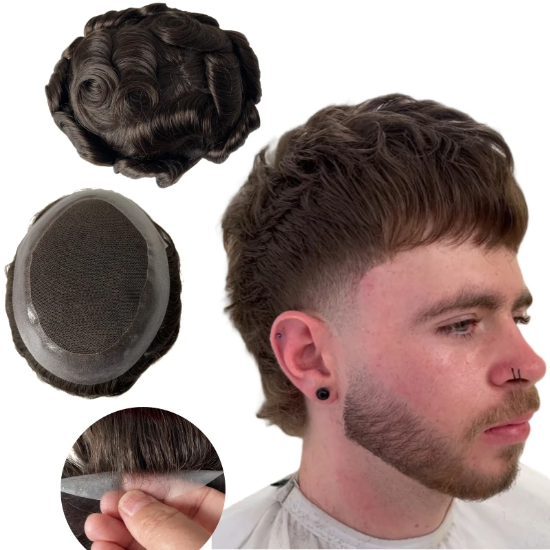

Brazilian Virgin Human Hair Systems 3# Brown Color 8x10 AUS Toupee 32mm Wave Center Lace with Poly Skin Perimeter Unit for Men