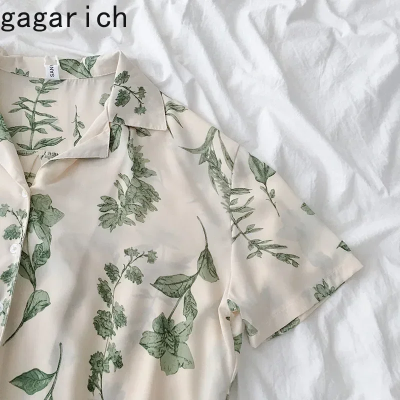 Gagarich Women Blouses Vintage Floral Short Sleeve Chiffon Notched Elegant See Through Beach Streetwear Chic Female Shirt Tops