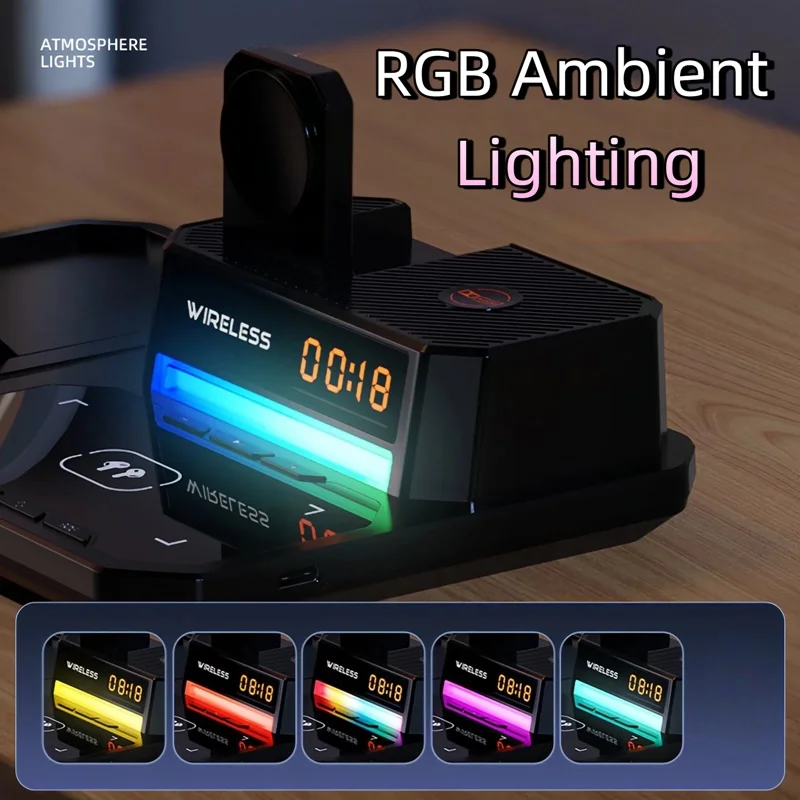 30W Digital Clock Wireless Charger RGB Light Bluetooth Speaker Fast Charging Station for Iphone Airpods Pro Apple Watch Stand