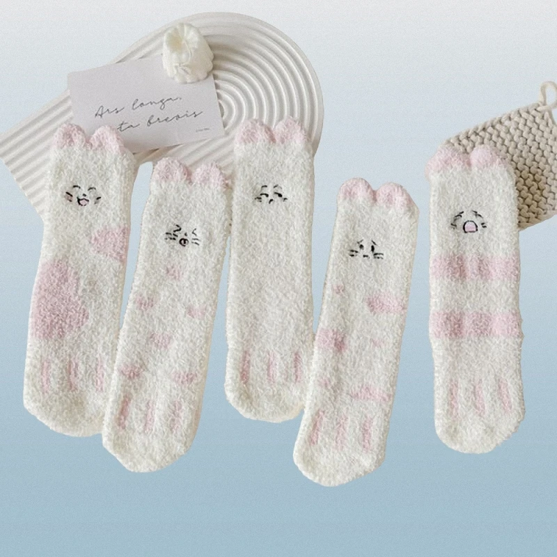 5/10 Pairs Winter Socks For Women Winter Half-velvet Cute Cat Thick Warm Sleeping Towel Breathable Socks Confinement Socks