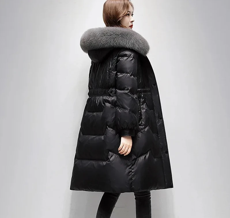 صديقة للبيئة المرأة منتصف طول أسفل سترة طوق الإفراط في الركبة الأبيض بطة ريشة ملابس خارجية نمط تخفيف أنيق #2