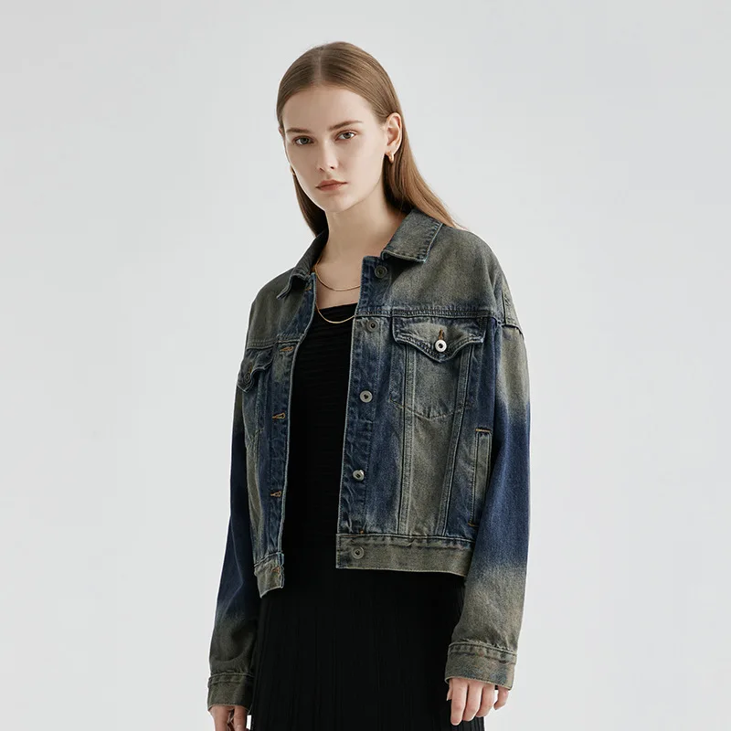 Giacca corta da donna in denim vecchio retrò, moda di inizio autunno, top temperamento