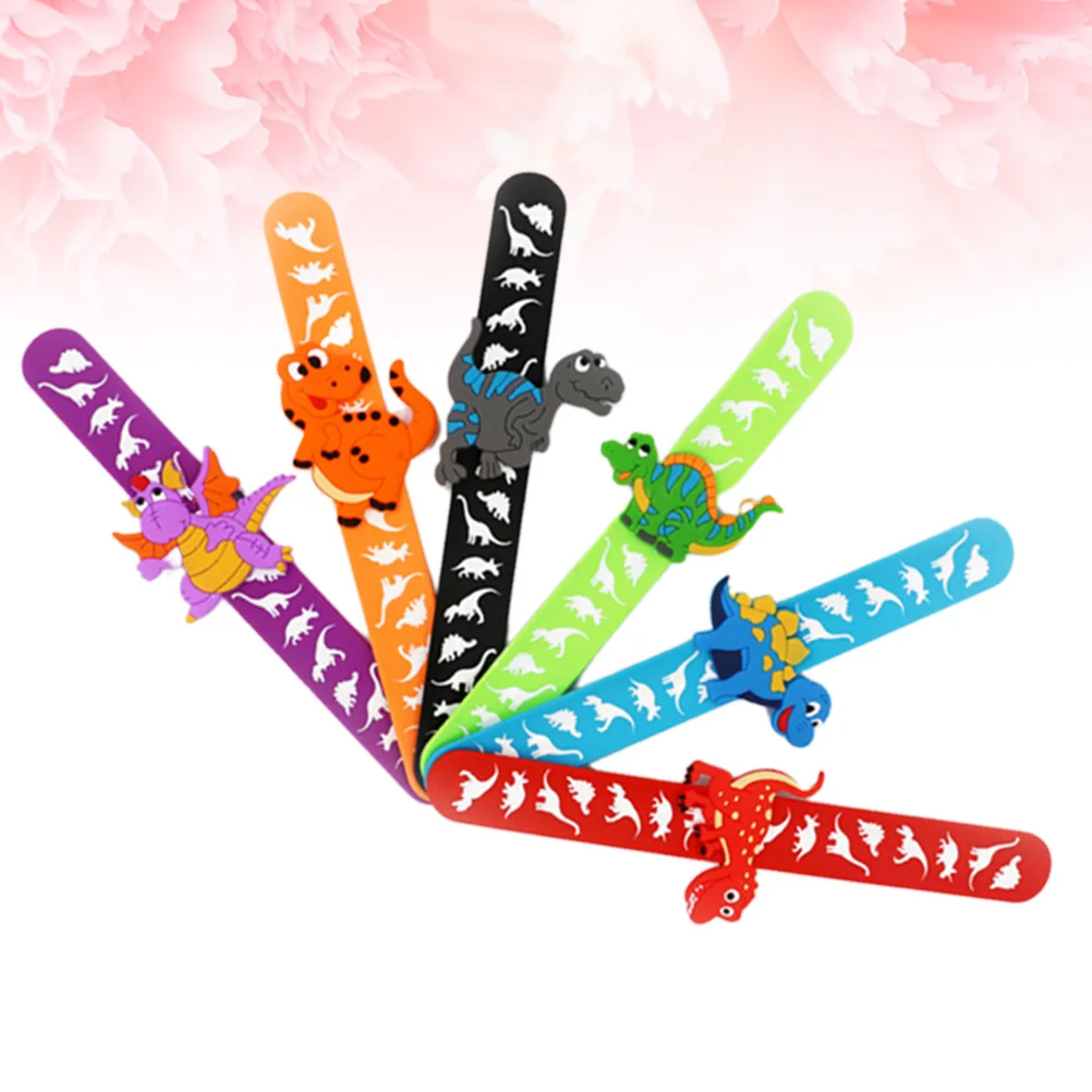 6Pcs Dinosaur Shaped Slap Bracelet Cartoon Wristband Clap Ring Funny Bracelet Orange Purple Blue Black Red Green