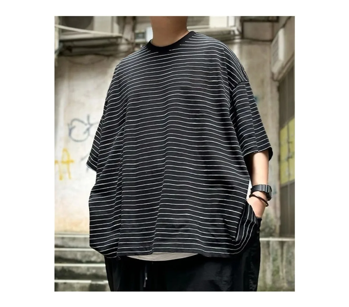 SEE SEE SFC Japanese retro hand-painted striped short-sleeved T-shirt pure cotton loose shoulder half-sleeves