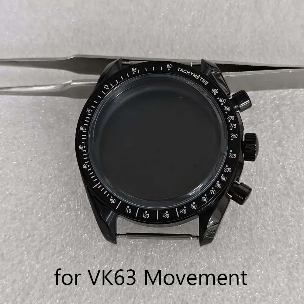 Black Quartz Watch 40MM Stainless Steel Case Shell Cover Mineral Crystal for VK63 Movement Watch Parts