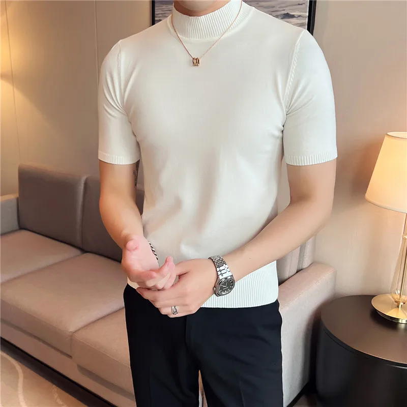 Men Short Sleeve T-Shirt Knitted Pullover 2024 Summer High Elastic Solid Casual Stripe Slim Fit Half High Collar Knit Sweater