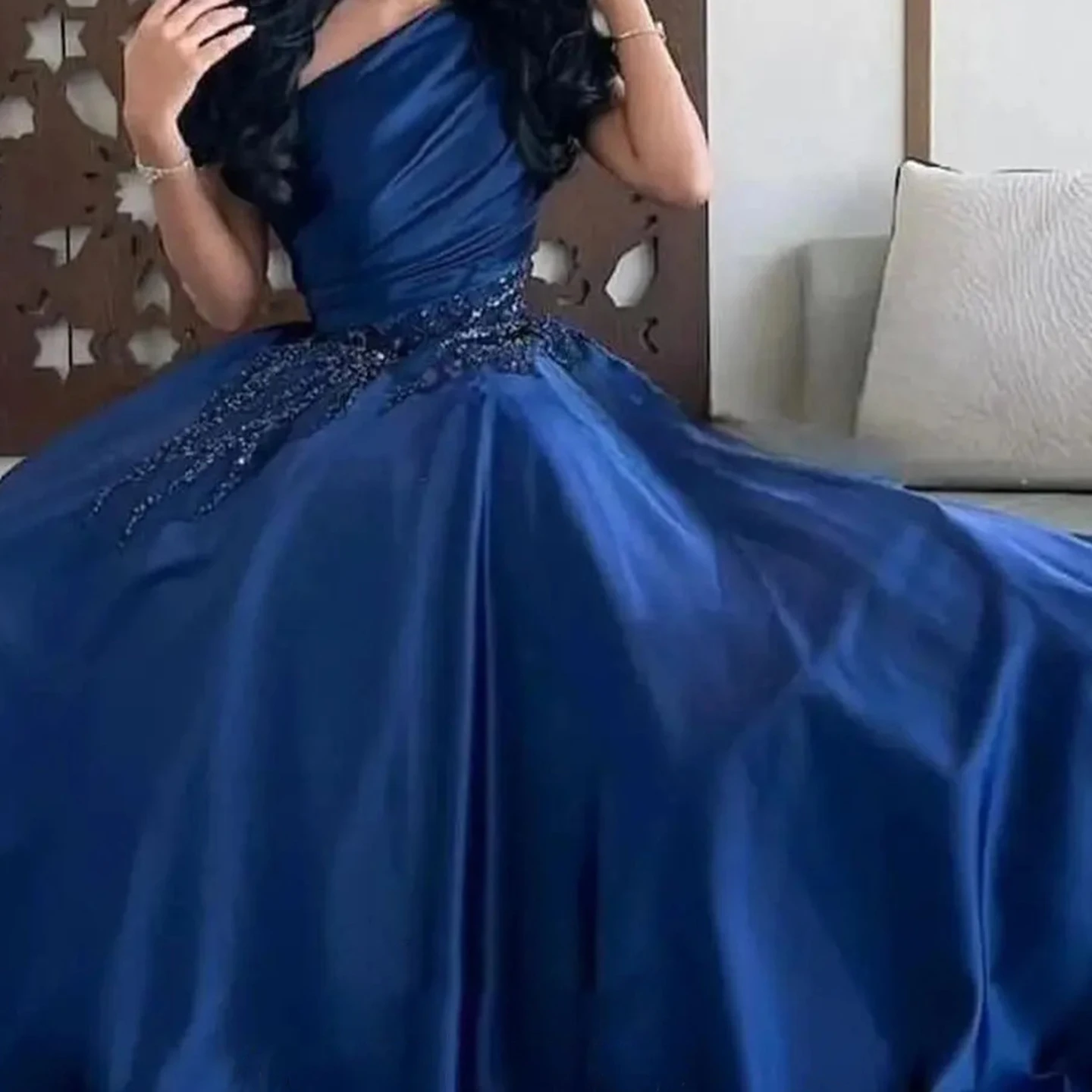 Robe de soirée en Satin bleu marine pour femmes, asymétrique épaule dénudée, robe formelle élégante pour bal, mariage, fête et Occasions spéciales