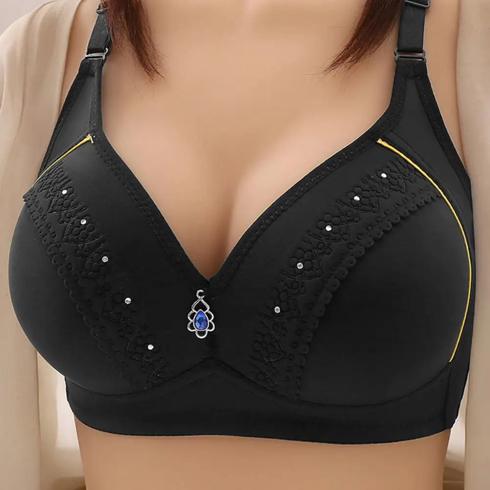 Mid-aged Women Bra Back Closure Wireless Soft Breathable Rhinestone Decor Elastic Anti-snagging Breast Support Strap Bra