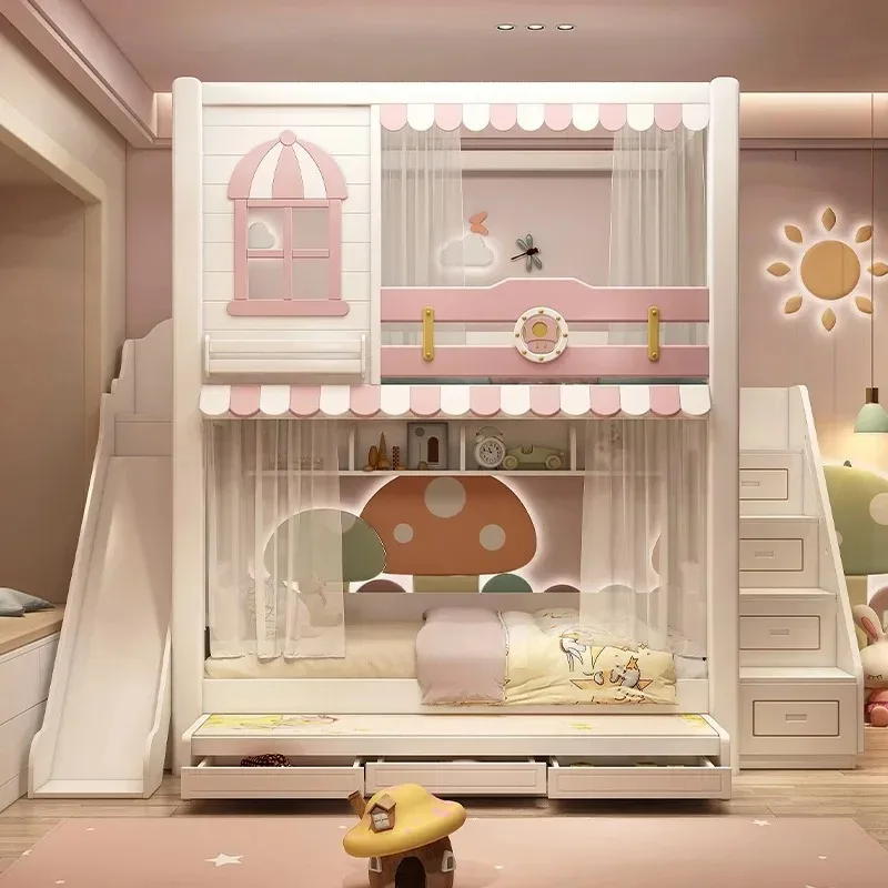 

Children's Small apartment Castle princess Bunk bed High Multifunctional mother and child bed