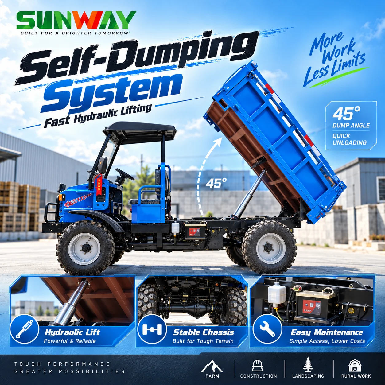 Part‑time Four Wheel Drive Farm Dumper UTV 3Ton Capacity 6‑Wheel Rear Dual Wheel Simple Canopy Agricultural Dump Truck