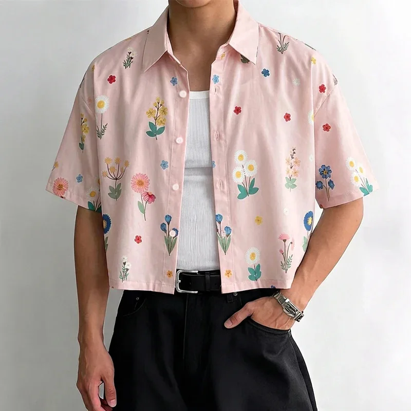 

2026 Summer Men Cropped Floral Print Shirts Casual Short Sleeve Button Down Blouse Vintage Aesthetic Loose Fit Streetwear S-2XL