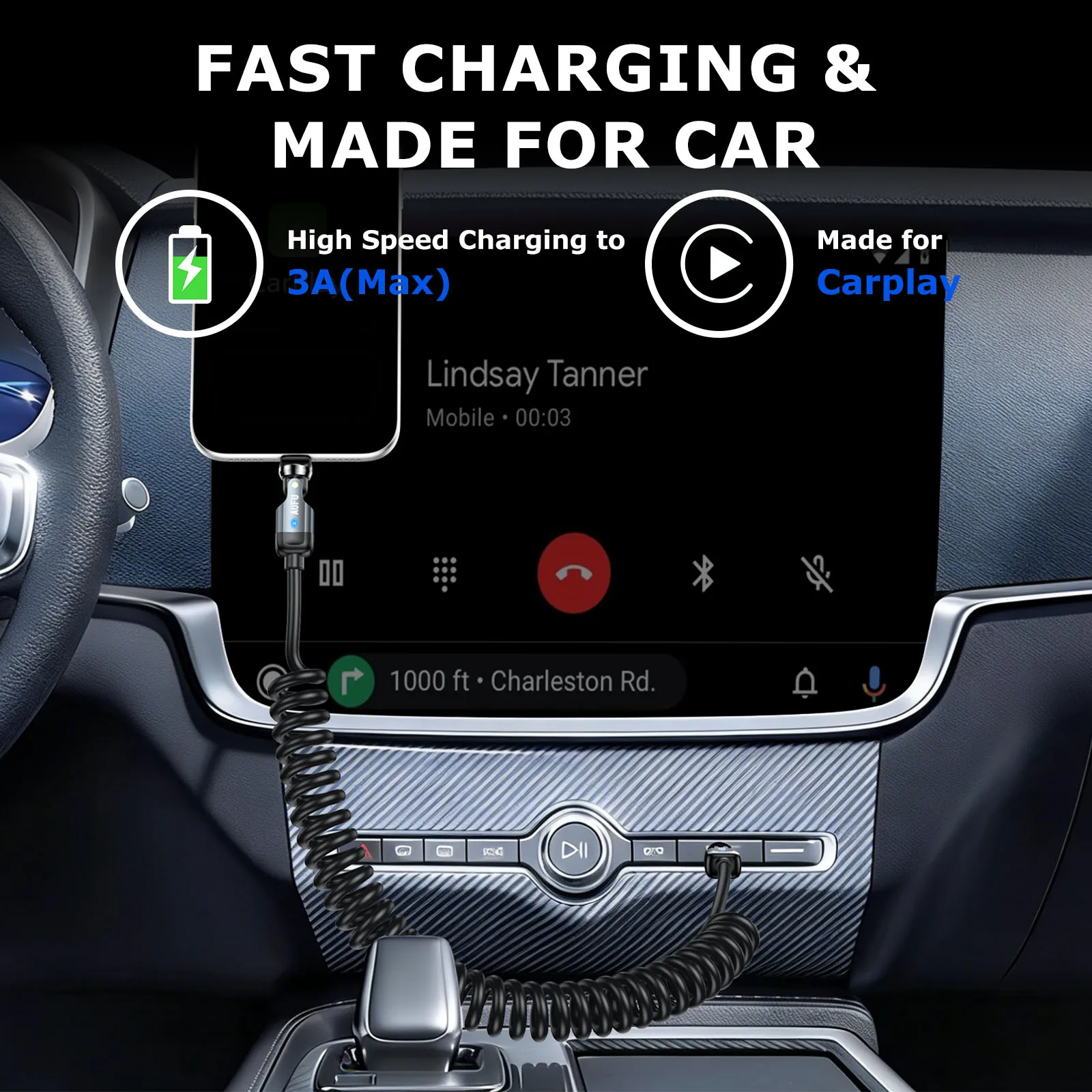 AUFU 540° USB C to Type C Cable 60W Fast Charging Spring Cable for iPhone17 Samsung Xiaomi Coiled Phone Car Charger Type-C Cable