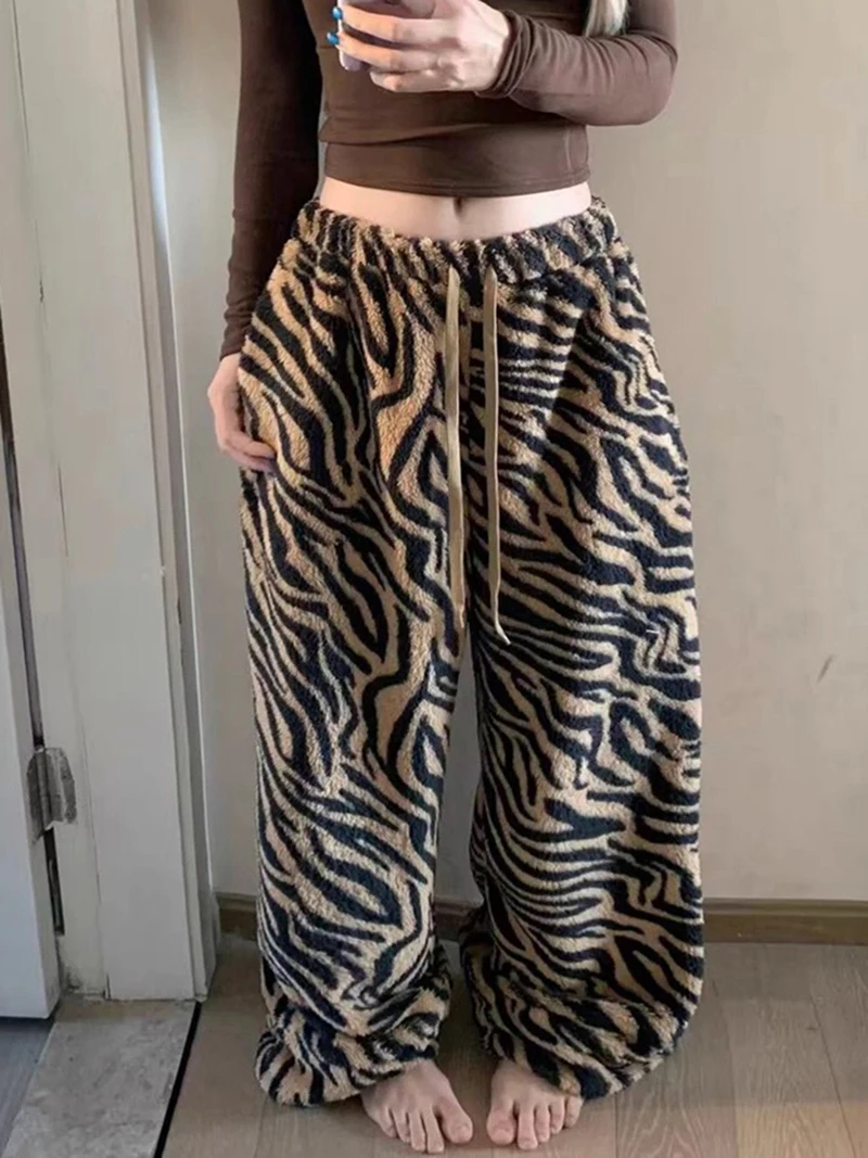 American Retro Leopard Print Pants for Women 2026 New Patchwork Drawstring Casual Pants Winter Thick Warm Straight Leg Trousers