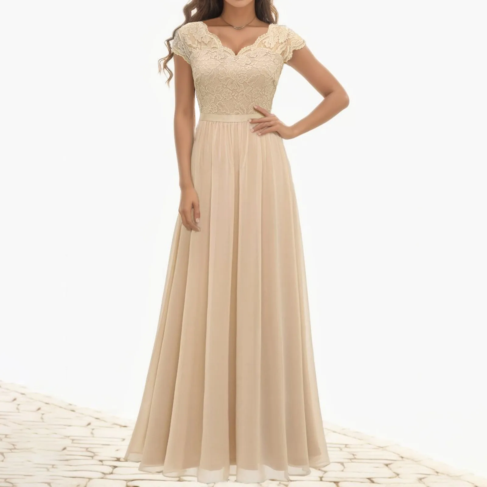 Vestido largo de empalme de encaje para mujer, colección de cintura delgada, Noble, cuello en V, elegante, fiesta, novia, vestidos de novia para mujer