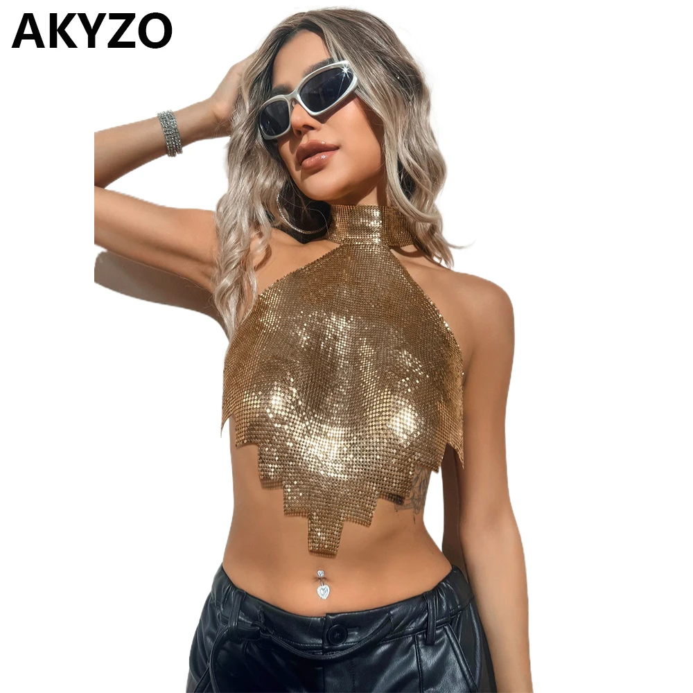 AKYZO Women's Color Block Asymmetrical Hem Mesh Sequin Necklace Halter Top For Music Festival Women's Clothing