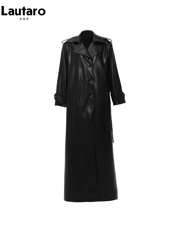 Lautaro-Manteau en cuir PU souple extra long pour femme, noir, double boutonnage, décontracté, mode coréenne, printemps, automne, 2024