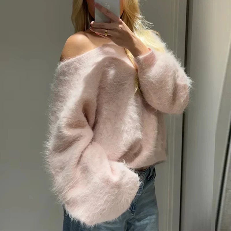 

Mohair Slant Neck Pullover Sweater 2026 Fashion Knitwear Long Sleeve Top Women Sweater Loose Casual Jumpers Autumn Clothes