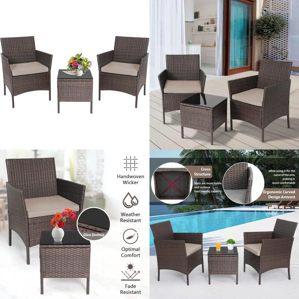 

Outdoor Wicker 3-Piece Bistro Set for Patio, Porch, Yard, and Garden with Two PE Rattan Chairs