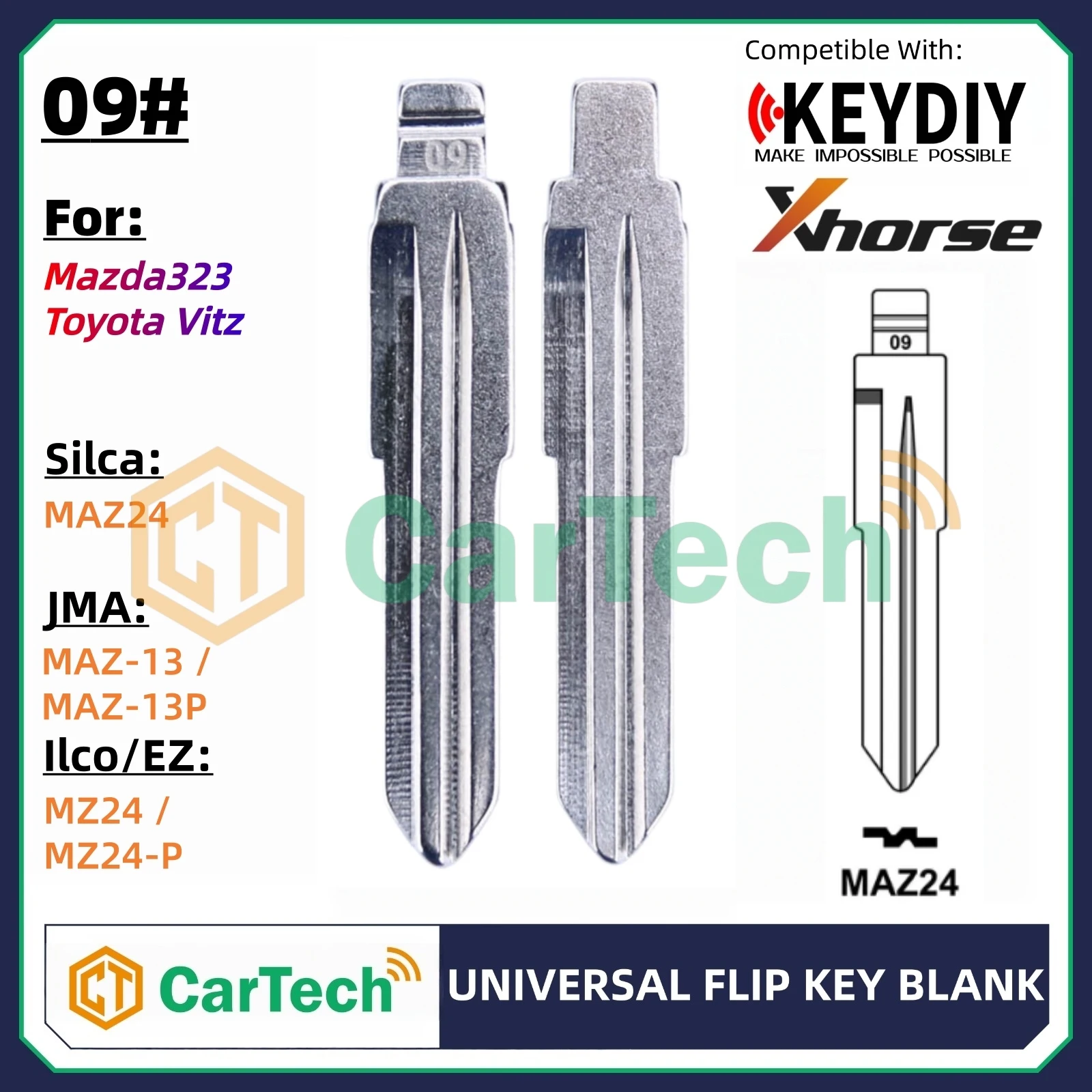 Cartech 09# Uncut Flip Blank Key Blade for KEYDIY KD XHORSE VVDI Universal Remote Fit Mazda323 Toyota Vitz
