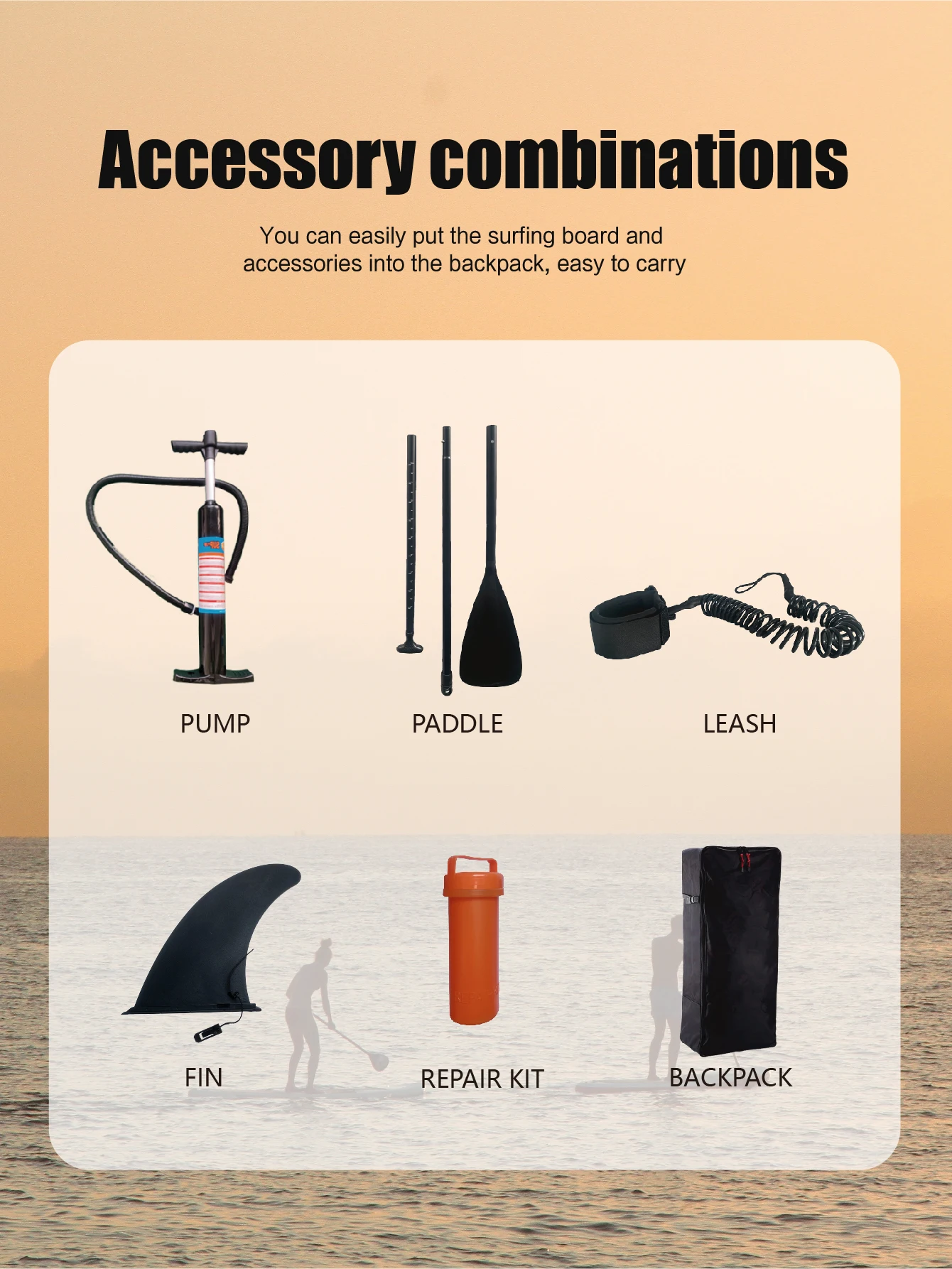 Deska SUP, nadmuchiwana deska do wiosłowania stojącym, rozmiar 320 cm, kompletny zestaw akcesoriów, pompka ręczna, wiosło, plecak, linka bezpieczeństwa, odłączana płetwa i tuba naprawcza