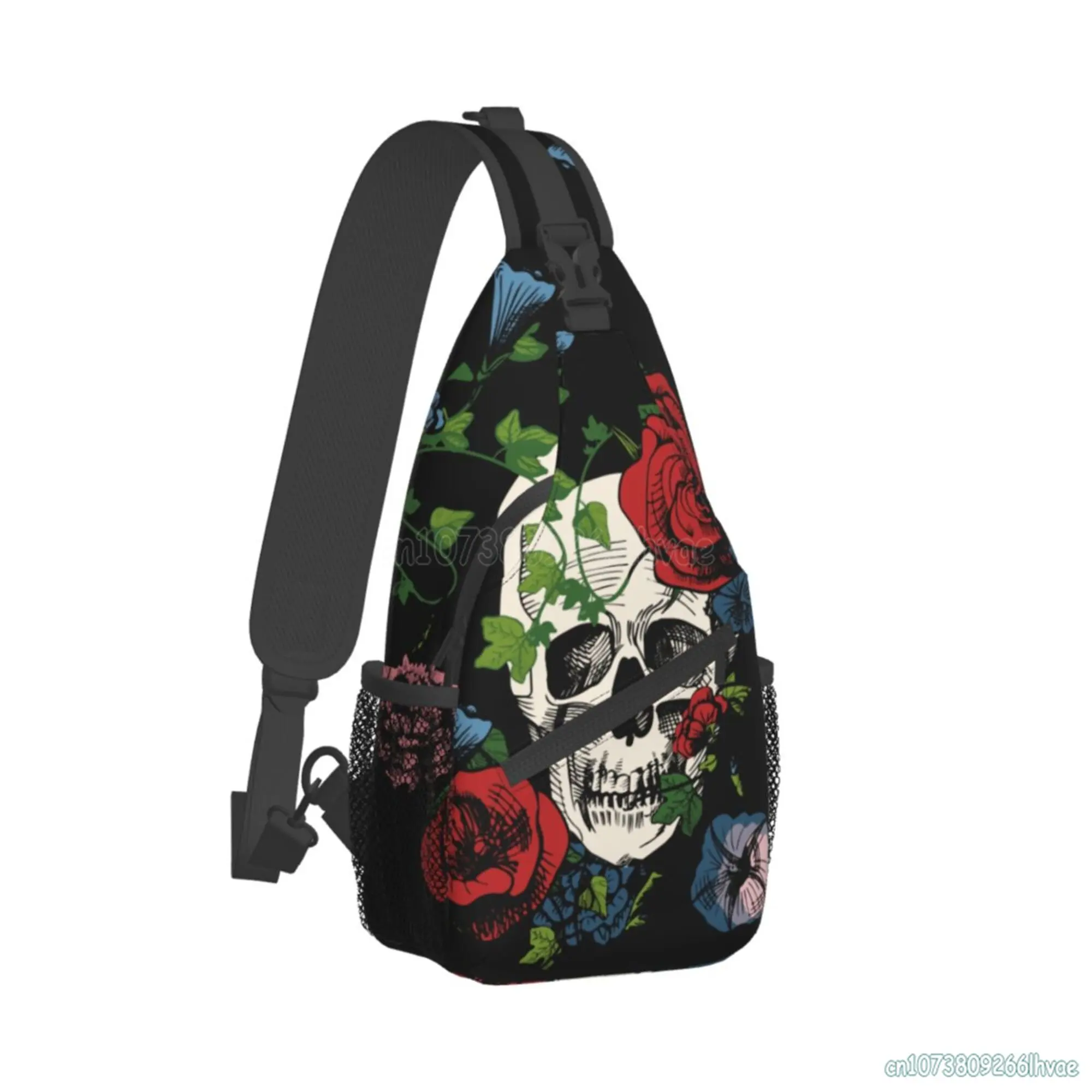 Red Rose Sugar Skull Diamond Sling Backpack Chest Bag Waterproof Crossbody Travel Hiking Daypack for Women Men Shoulder Bag