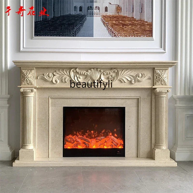 

P Marble mantel stone carving European fireplace TV background wall decorative ornament fireplace