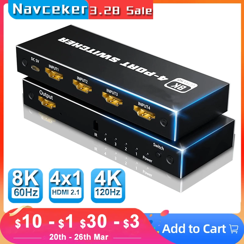 2023 Switcher HDMI 2.1-compatible 4K 120Hz 4 in 1 out 2 in 1 out 8K 60Hz Switch Splitter adapter IR Remote For PS5 PS4 Projector