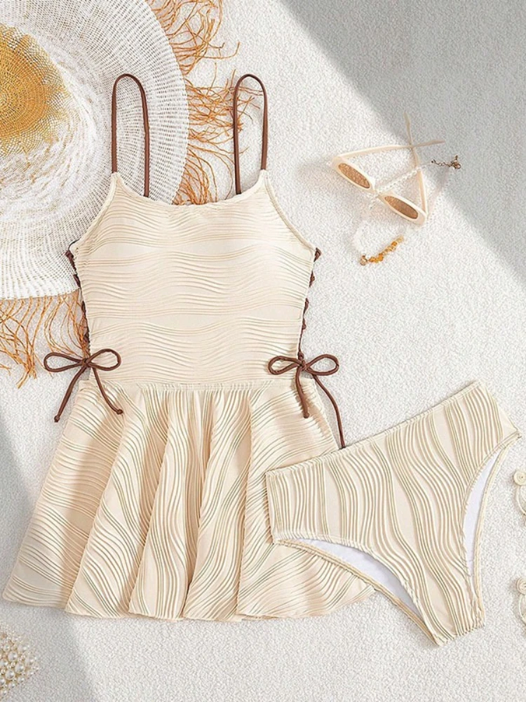 

2025 New Women Vintage Bikini Set 2025 Two Piece High Waist Swimsuit Beige Drawstring Side Bandage Bathing Suit Holiday Swimwear