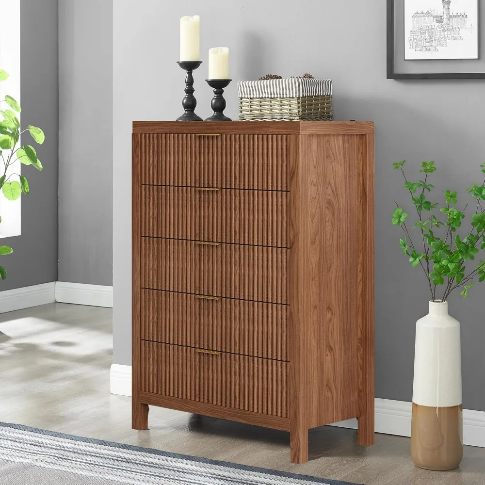 

Dresser for Bedroom with 5 Storage Drawers, Storage Dresser Organizer with Wood Top, Nightstand Furniture with Wide Drawer Organ