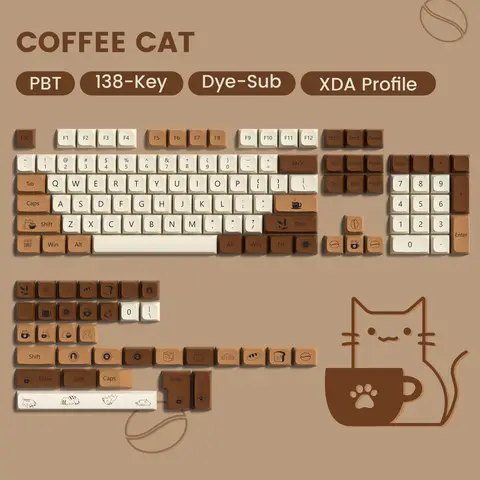 138 keys Coffee Cat  PBT Keycap 5 Sides DYE-SUB XDA Profile Customized Keycaps For Cherry MX Switch Gamer Mechanical Keyboards