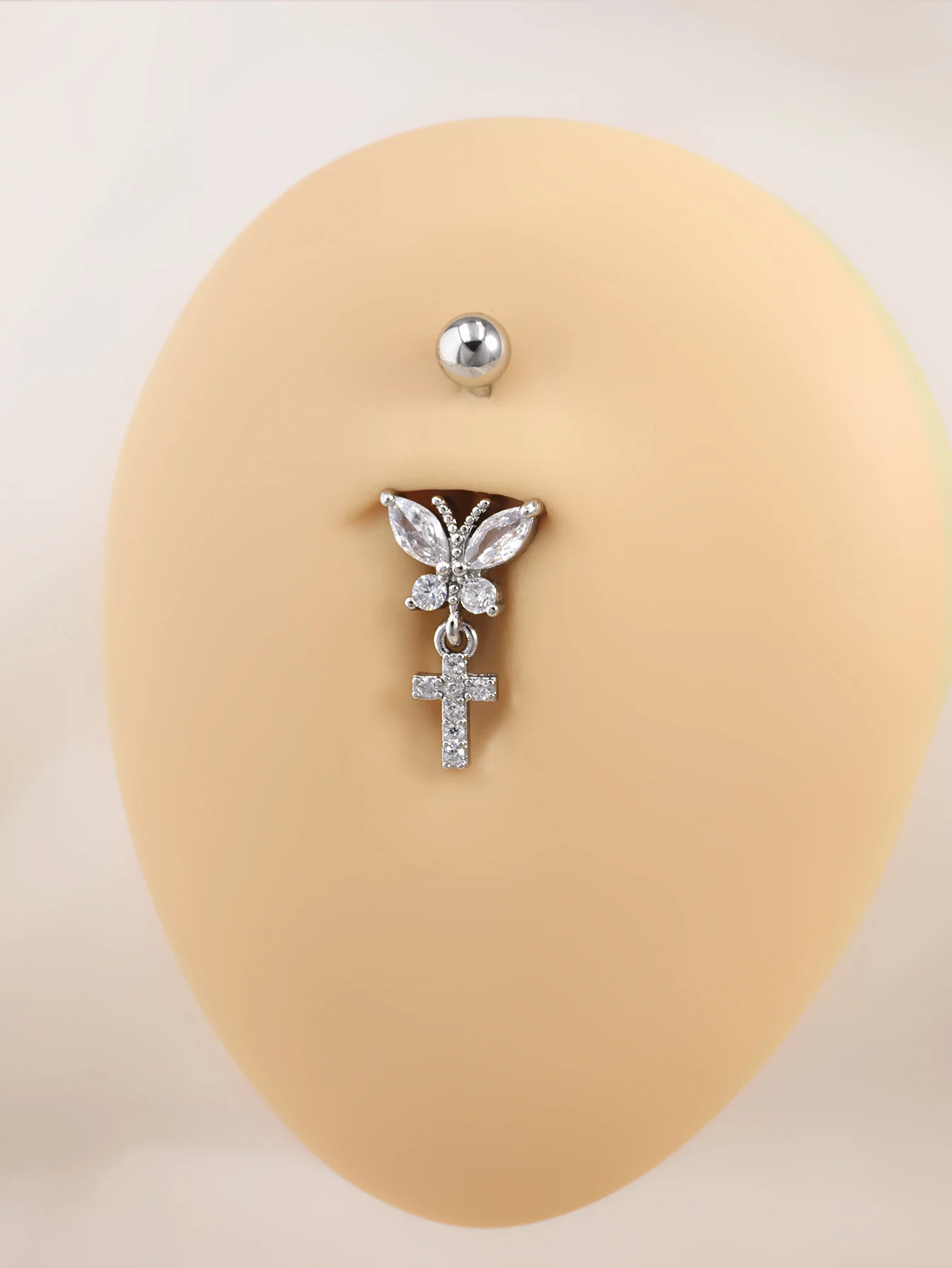 Butterfly Dangle Belly Button Ring Surgical Steel Navel Rings Pink Zircon Umbilical Ring Hypoallergenic Tummy Ring  Piercing