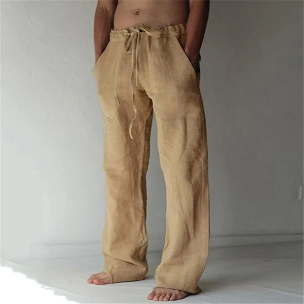 

Men's European and American Independent Station New Men's Youth Solid Color Cotton Linen Drawstring Loose Casual Pants